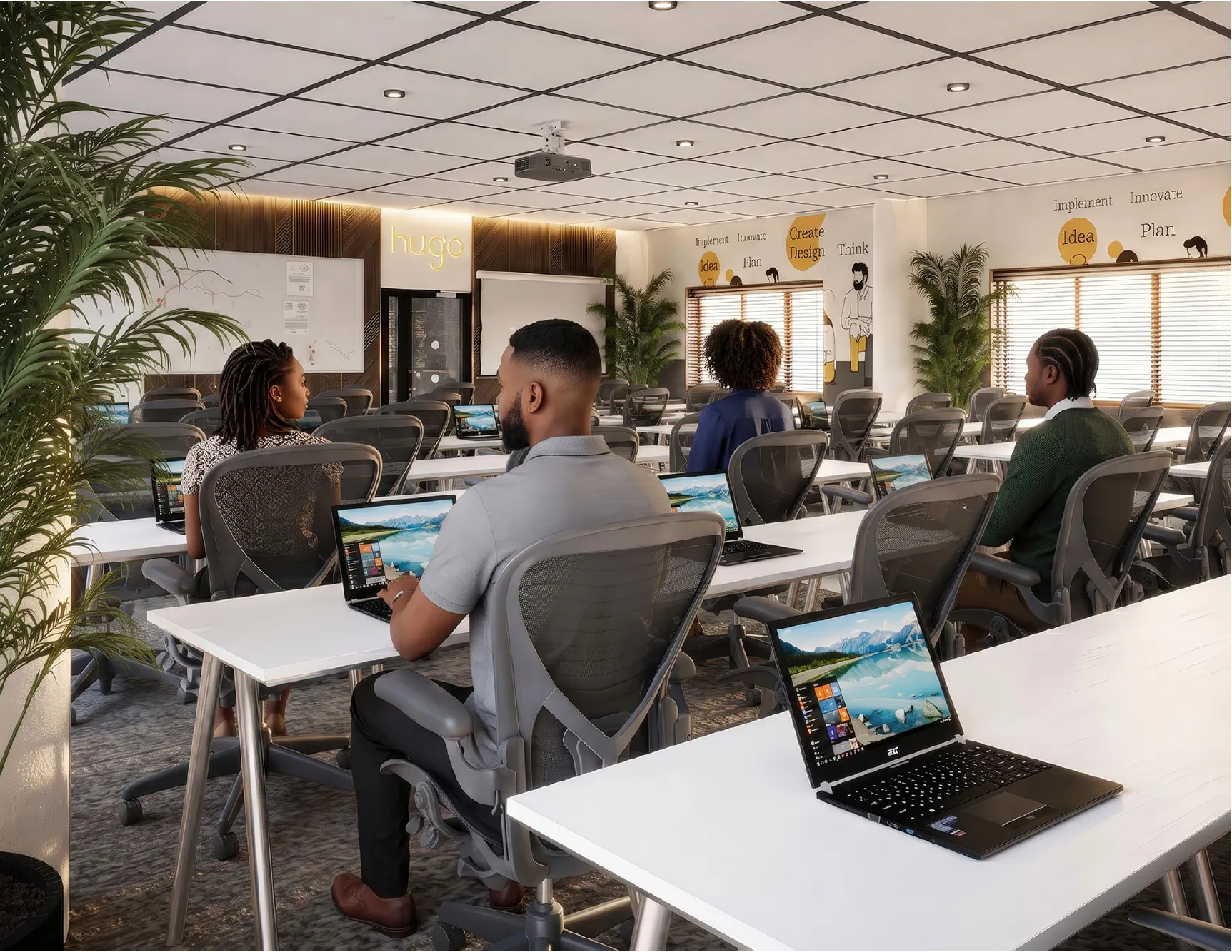 Rendered proposal for the training room, with white desks, mesh task chairs, a coffered ceiling, plants and illustrated feature walls