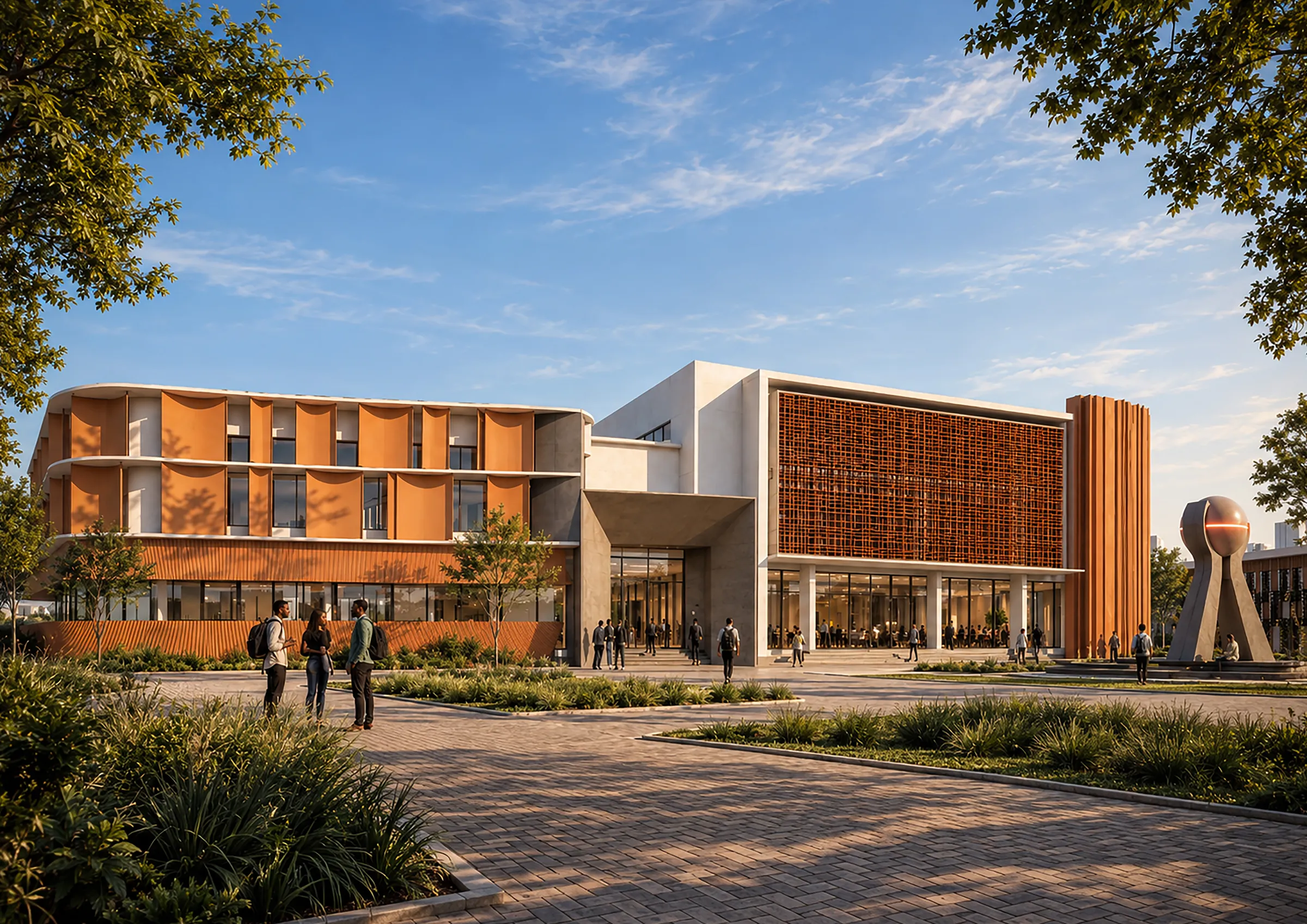 Rendered entrance plaza in evening light, with the curved terracotta screens of the Discovery building, a concrete entrance portal and a terracotta lattice facade