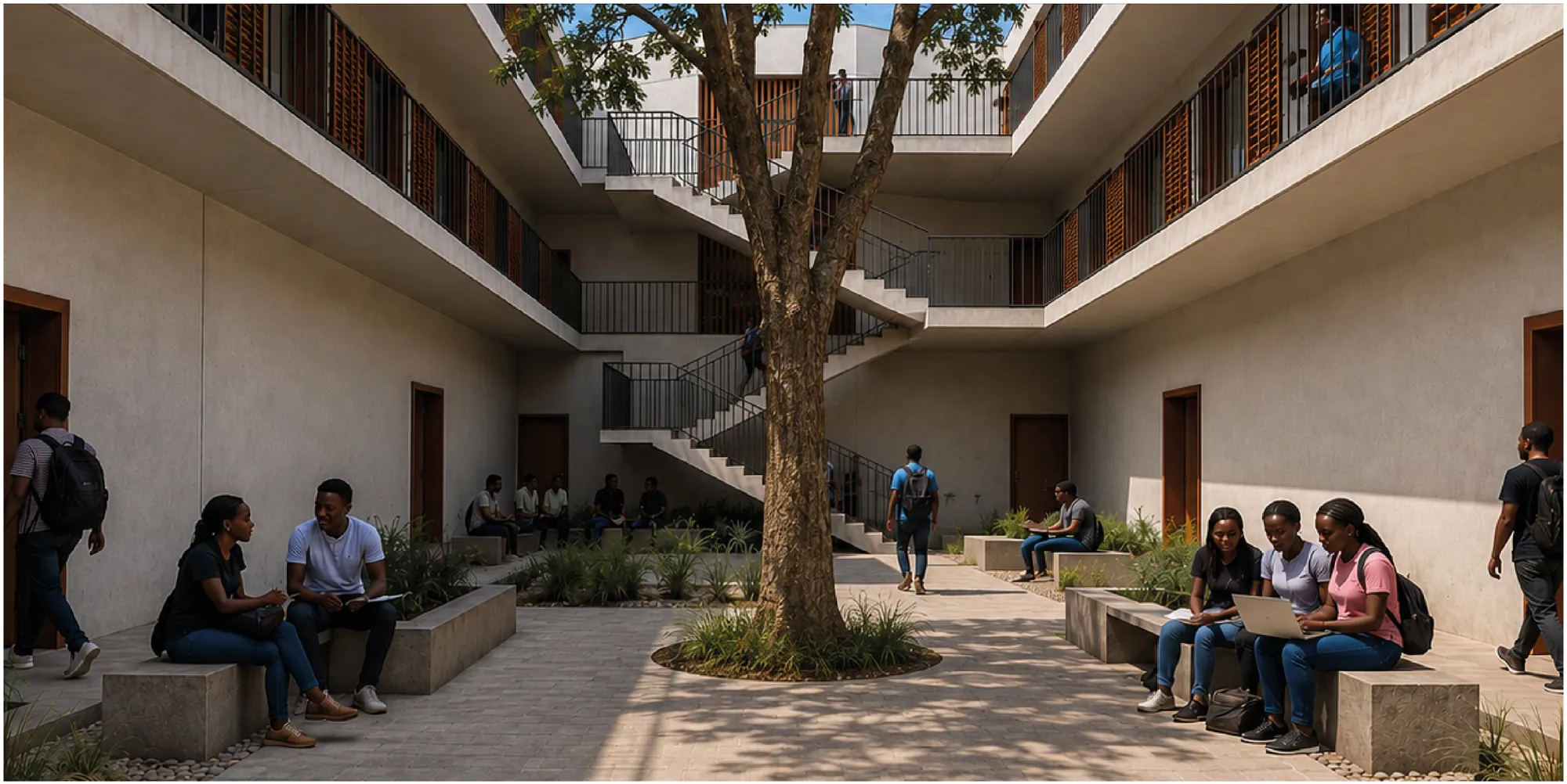 Rendered view of the residence courtyard, with students seated on concrete benches around a central tree beneath open access galleries