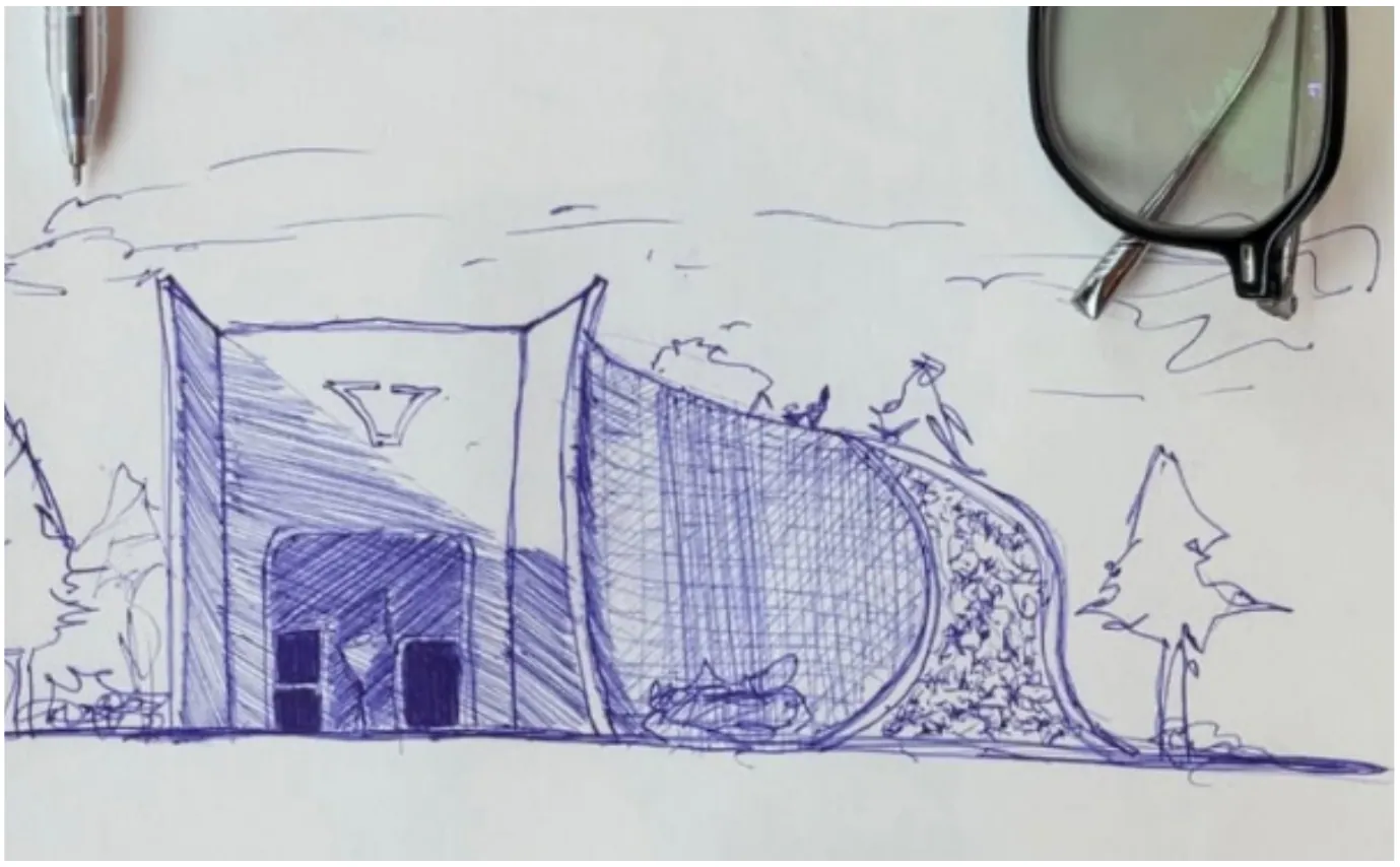 Blue ballpoint sketch of a building with a tall curved wall sweeping down to the ground beside a tree